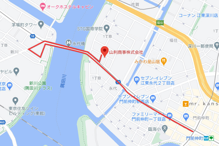 門前仲町方面からお車で来られる場合のルート図